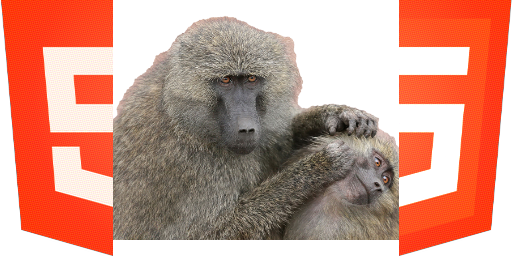 HTML code monkeys The HTML5 badge broken in two, in the middle an imagem of two monkeys grooming hair.