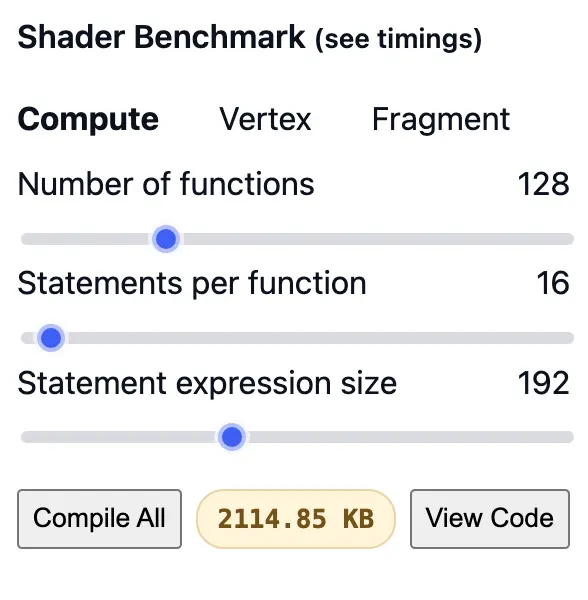 Image of the shader sliders in the WebGPU Diagnostics tool